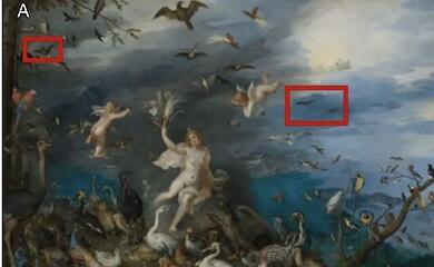 Eine Fledermaus mit einem Vogel im Maul: Wissenschaftler haben ein verstecktes Detail auf einem Gem&auml;lde aus dem Jahr 1611 entdeckt