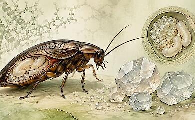 Schematische Darstellung der lebendgeb&auml;renden Schabe Diploptera punctata, ihrer Embryonen und Proteinkristalle
