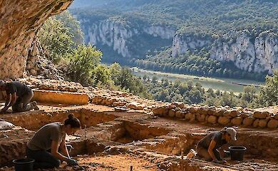 Archäologen arbeiten an einer Ausgrabungsstätte am Eingang einer Höhle vor der Kulisse einer Berglandschaft