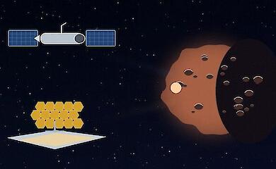Schematische Illustration: Die Teleskope Hubble und Webb beobachten ein kleines transneptunisches Objekt im Weltraum.