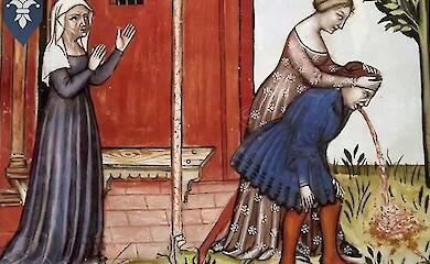 Eine mittelalterliche Miniatur, die zwei Frauen zeigt, die einem erbrechenden Mann helfen.
