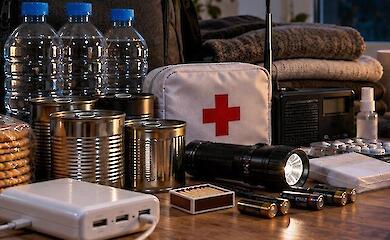 Vorrat an Wasser und Lebensmitteln, Erste-Hilfe-Set, Radio, Taschenlampe, Batterien, Powerbank und weitere Gegenst&auml;nde f&uuml;r einen Notfallrucksack