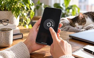 Hände halten ein Smartphone mit einem Neustart-Symbol auf dem Bildschirm; daneben ein Laptop, eine Tasse und eine schlafende Katze