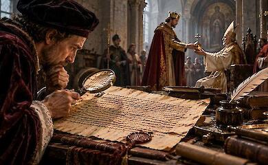 Ein Gelehrter untersucht ein altes Pergament mit einer Lupe, im Hintergrund &uuml;bergibt ein Herrscher dem Papst ein Machtsymbol