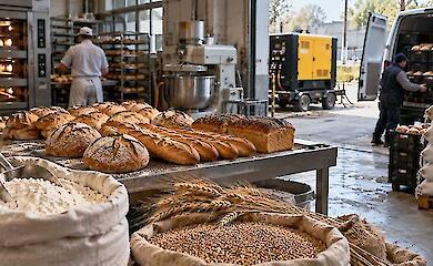 Brot, Mehl und Getreide in einer industriellen B&auml;ckerei, daneben ein Generator und ein Lieferfahrzeug