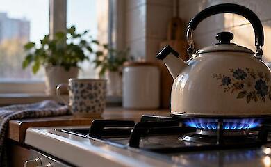 Wasserkocher auf einer eingeschalteten Gasflamme in einer Hausk&uuml;che