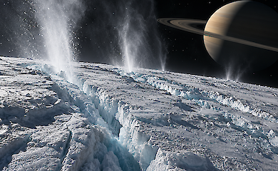 Eine Darstellung der Eisoberfl&auml;che von Enceladus mit Rissen und Wasserdampfausstr&ouml;mungen vor dem Hintergrund des Saturns. Es handelt sich um eine k&uuml;nstlerische Darstellung, nicht um eine Aufnahme.