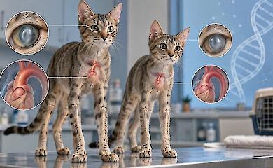 Zwei langbeinige getigerte Katzen in einer Tierklinik mit symbolischen Abbildungen von Auge, Herz, Aorta und DNA.