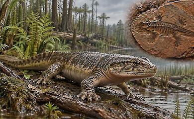 Redaktionelle Rekonstruktion eines salamanderartigen urzeitlichen Tetrapoden in einem Sumpfwald, mit einer Einblendung des Fossils.