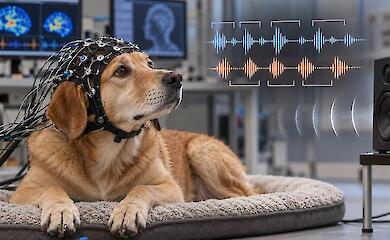 Ein Hund mit EEG-Haube liegt im Labor und hört Geräusche aus einem Lautsprecher, im Hintergrund Bildschirme mit neuronalen und akustischen Signalen.