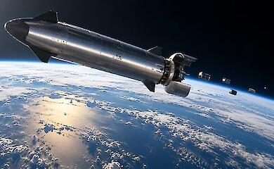 Das Raumschiff Starship setzt im Erdorbit Satelliten aus.