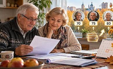 Ein älteres Paar sieht sich zu Hause Rentenunterlagen an, daneben Altersangaben 70, 75 und 80 Jahre