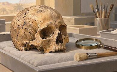 Gezeichneter antiker Sch&auml;del ohne Unterkiefer auf einem Museumstablett neben einer Lupe und einem Pinsel.