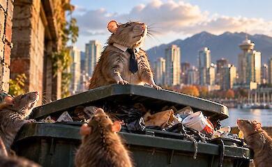 Eine Ratte mit Krawatte steht auf einem überquellenden Müllcontainer, umgeben von anderen Ratten, im Hintergrund eine Stadtlandschaft.