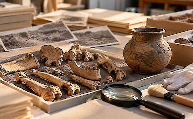 Auf dem Tisch eines arch&auml;ologischen Labors liegen Knochen, ein Tongef&auml;&szlig;, alte Grabungsfotos und Werkzeuge zur Untersuchung der Funde.